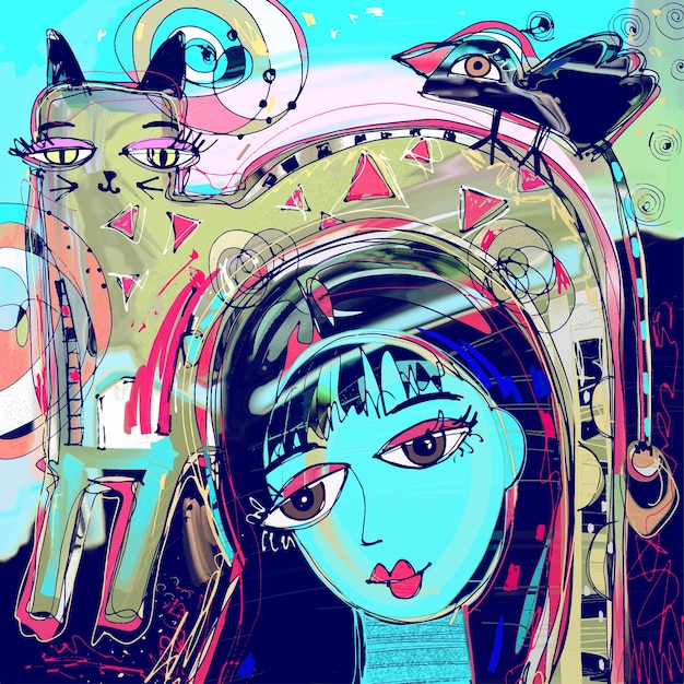 Abstract digital painting of girl with a cat and bird on a head colorful composition