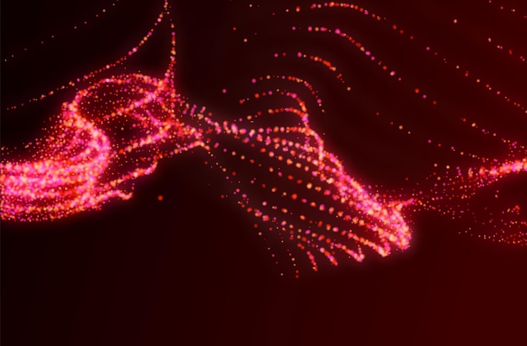 Vector abstract digital technology background glowing waves wavy futuristic illuminated particles red background for big data artificial intelligence blockchain business science vector illustration