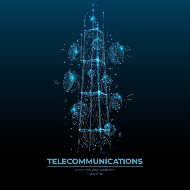 abstract digital telecommunication tower with antennas as low poly wireframe technology 3d polygon