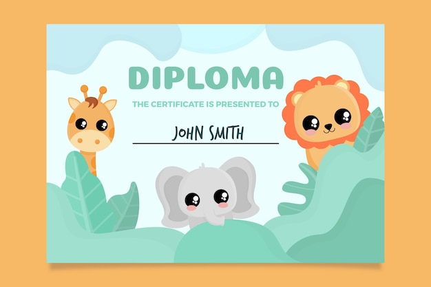 Abstract diploma for kids with animal cartoons