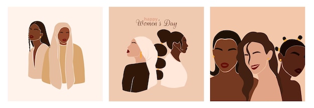 Abstract diverse women portraitsHappy International Womens Day set of postersVector illustration