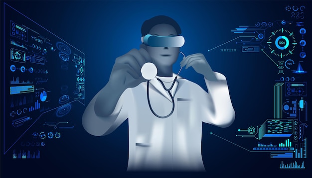 추상 의사 원격 의료 진단 기술 증상 분석 치료 현대 기술 배경 미래의 파란색 hud 인터페이스 실험실