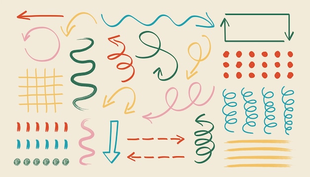 벡터 추상 낙서 화살표입니다. 만화 색 방향 포인터, 손으로 그린 직선 곱슬 도트 마커