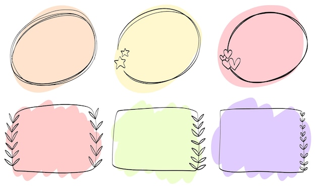 Vector abstract doodle black frames pastel set hand drawn cute round lines with leaves circles hearts