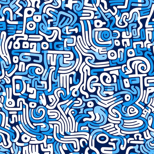 Abstract doodle graffiti blue and white background seamless pattern