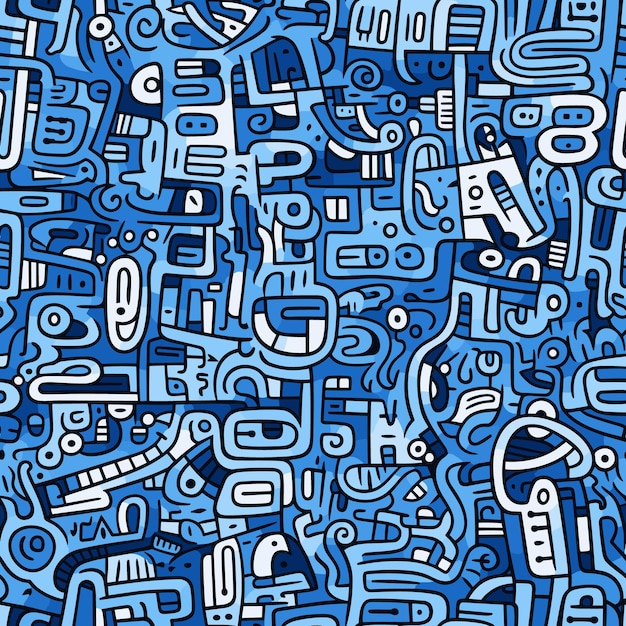 Abstract doodle graffiti blue and white background seamless pattern