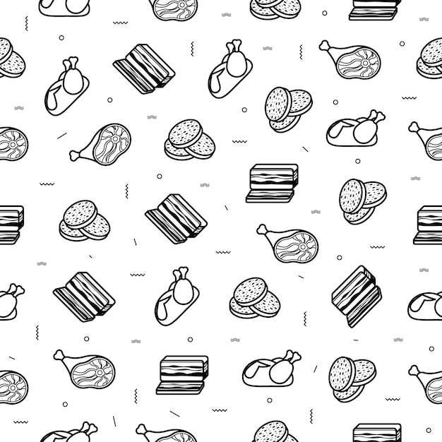 Abstract doodle naadloos patroon, met de hand getekend vlees slager voedselelementen. Vectorontwerpachtergrond