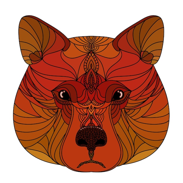 Abstract doodle ornamental bear head. Modern handmade red bear portrait pattern background for design t shirt, veterinary clinic poster, gift card, bag print, art workshop advertising etc.