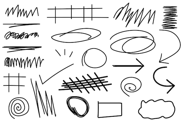 Abstract doodle scribble set hand drawn arrows highlights scratches shapes design elements