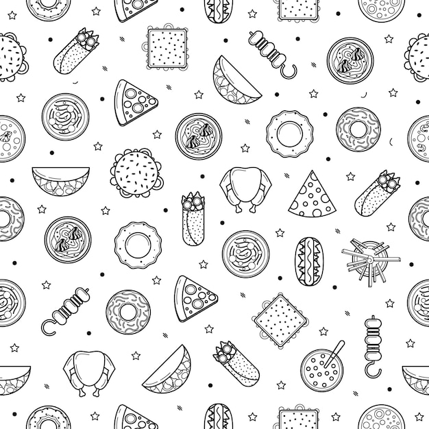 Abstract Doodle Seamless Pattern Hand Drawn Fast Food Elements Tacos Pizza Sandwich Barbecue Soup