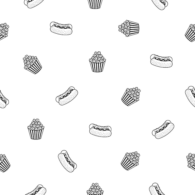 Abstract Doodle Seamless Pattern, Hand Drawn Fast Food Elements. Vector Design Style Background