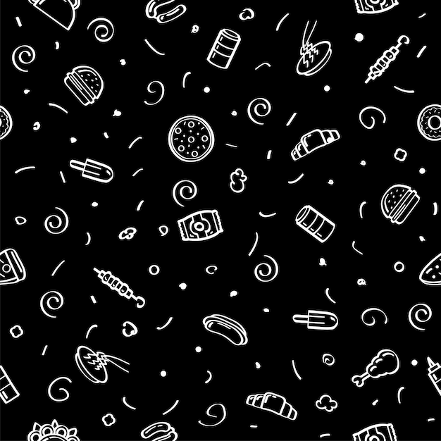 Abstract Doodle Seamless Pattern Hand Drawn Fast Food Elements Vector Design Style Background