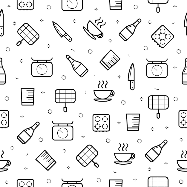 Abstract Doodle Seamless Pattern Kitchen Utensils Background Decoration Vector Design Style