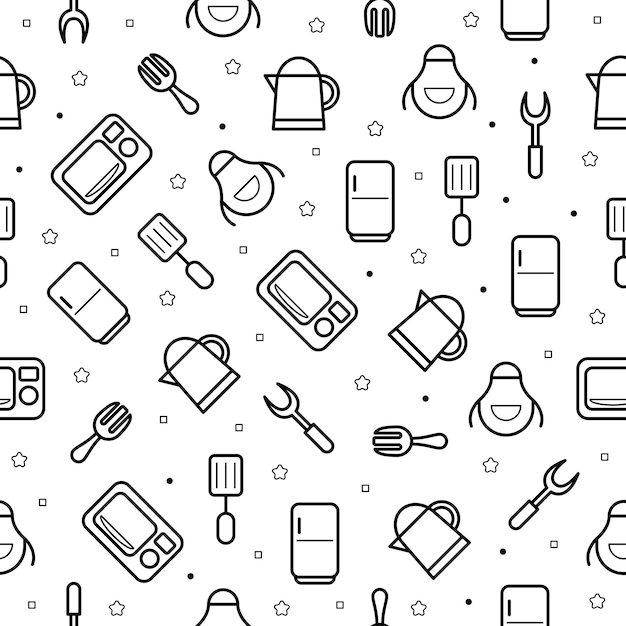 Abstract Doodle Seamless Pattern Kitchen Utensils Background Decoration Vector Design Style