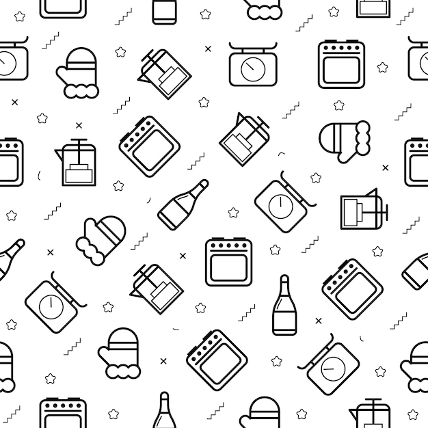 Abstract Doodle Seamless Pattern Kitchen Utensils Background Decoration Vector Design Style