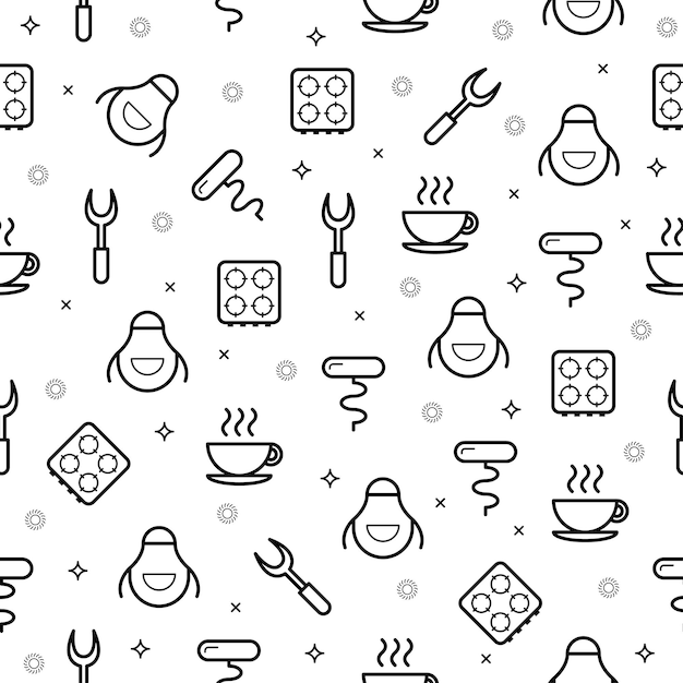 Abstract Doodle Seamless Pattern Kitchen Utensils Background Decoration Vector Design Style