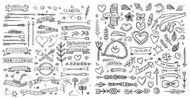 Vector abstract doodle sketches decorative frames arrows and ribbons