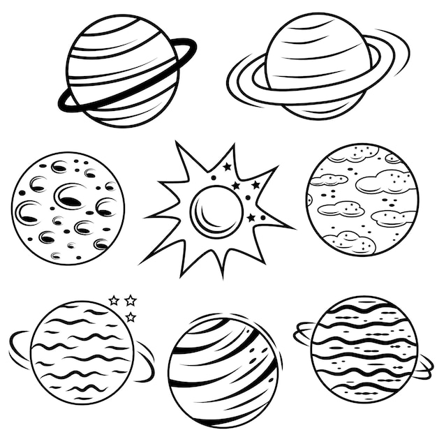 Abstract doodlestyle planets black outline vector illustration