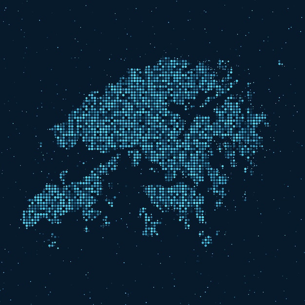 Abstract Dotted Halftone with starry effect in dark Blue background with map of Hong Kong