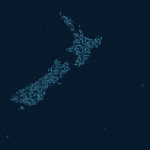 Mezzitoni punteggiati astratti con effetto stellato su sfondo blu scuro con mappa della nuova zelanda