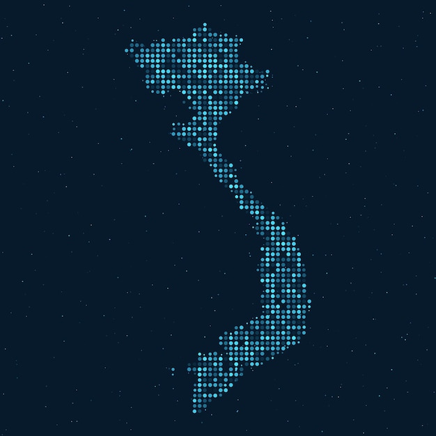 베트남 지도가 있는 진한 파란색 배경에 별이 빛나는 효과가 있는 추상 점선 하프톤