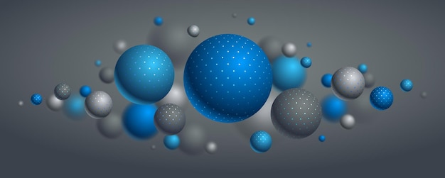 Vector abstract dotted spheres vector background, composition of flying balls decorated with dots, 3d mixed realistic globes, realistic depth of field effect.