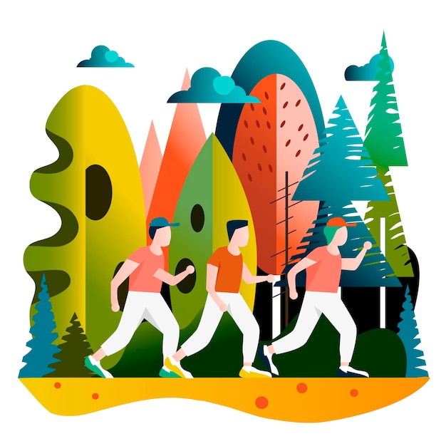 Vector abstract drawing with flat design of three people doing sports activities outdoors three runners