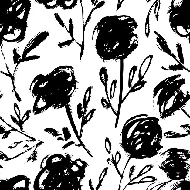 Abstract dry brush ink roses seamless pattern