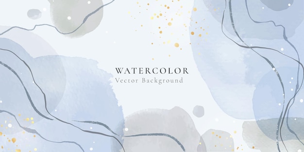 ベクトル 波線と金の染みと抽象的なほこりっぽい青とパステルグレーの液体水彩画の背景。パステルエレガントなミニマルモダンな水平ヘッダー。ベクトルイラスト、水彩壁紙