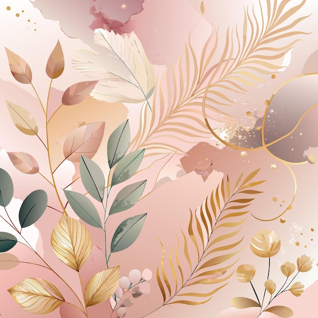 Vector abstract dusty blush liquid watercolor background with gold floral elements