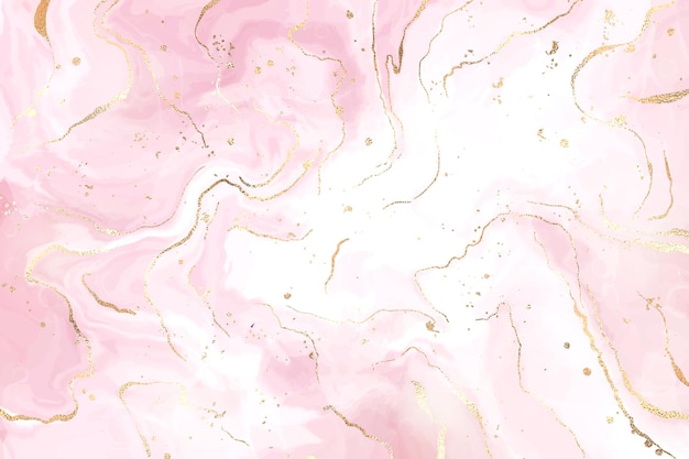 Abstract dusty blush liquid watercolor background with gold glitter lines and stains