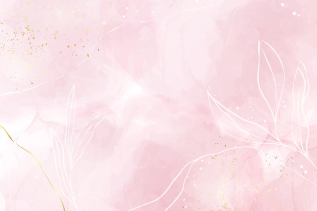 Абстрактная пыльная роза краснеет жидкий акварельный фон с золотом, цветочными элементами декора. пастельные розовые мраморные чернила с эффектом рисования спиртом, золотые линии и ветви. векторная иллюстрация.