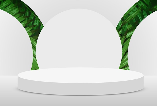 추상 에코 장면 배경 흰색 배경에 잎이 있는 실린더 연단 제품 프레젠테이션은 천연 화장품 제품 연단 무대 받침대 또는 플랫폼을 보여줍니다.