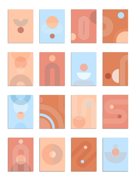 Abstract eigentijds esthetisch posterontwerp met geometrische vormen en lijnen zoals zon en regenboog. Moderne wanddecoratie uit het midden van de eeuw. Trendy minimalistische print. Vector illustratie.