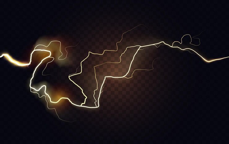 Vector abstract electric golden lightning spark energy explosion glow of thunderbolt lines
