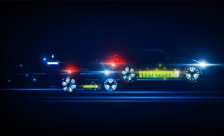 Vector 충전소에서 충전하는 추상 전기 오토바이 및 자동차 라이트 아웃 기술 고속 하이테크 통신 개념 혁신 배경 벡터 디자인