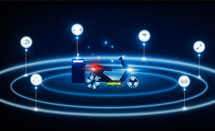 Vector abstract electric motorcycle charging at charge station light out technology high speed hitech communication concept innovation background vector design