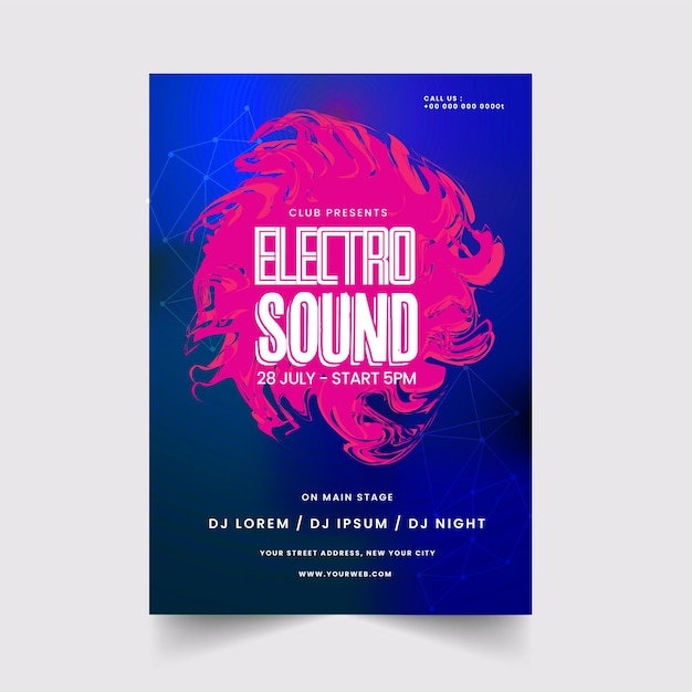 Abstract Electro Sound Poster Or Flyer Design In Blue And Pink Color.