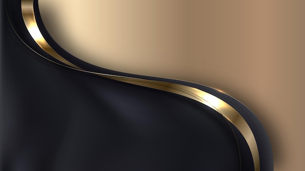 Абстрактные элегантные трехмерные формы черной волны и элементы изогнутой линии с золотой лентой