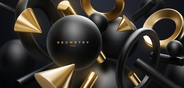 Vettore sfondo elegante astratto con forme geometriche nere e dorate fluenti