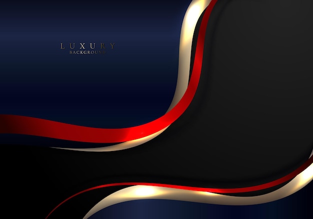 검정색 배경 고급 스타일에 반짝이는 빛이 있는 추상적인 우아한 금색 빨간색과 파란색 곡선 웨이브 라인