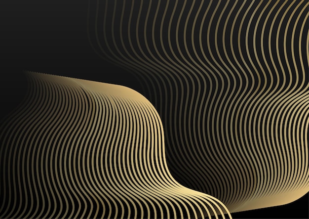 Абстрактный элегантный шаблон черно-золотая линия, перекрывающая измерение на темном фоне в роскошном стиле. абстрактные полосы золотые линии на черном фоне