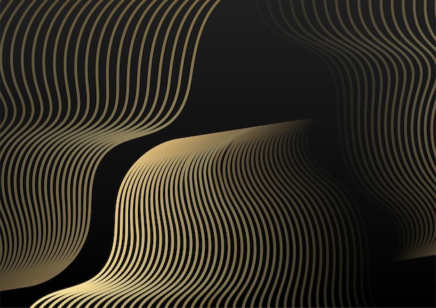 暗い背景の豪華なスタイルで次元を重ねる抽象的なエレガントなテンプレートの黒と金の線。黒の背景に抽象的な縞模様の金色の線