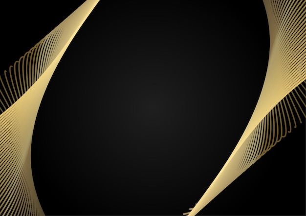 Абстрактный элегантный шаблон черно-золотая линия, перекрывающая измерение на темном фоне в роскошном стиле. Абстрактные полосы золотые линии на черном фоне
