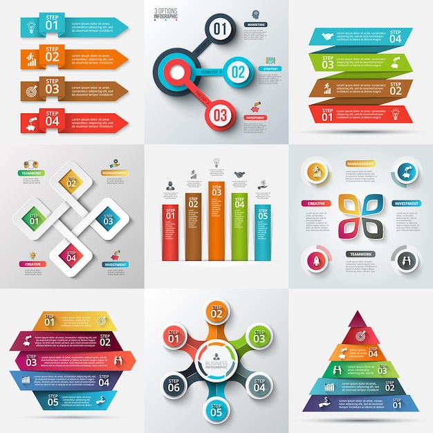 Elementi astratti del diagramma grafico con 3 4 5 e 6 passaggi concetto creativo per infografica