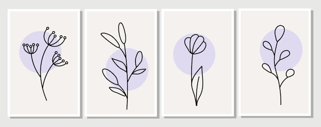 Abstract elements, minimalistic simple floral elements. leaves and flowers. collection of art posters in pastel colors. design for social networks, postcards, prints. outline, line, doodle style.