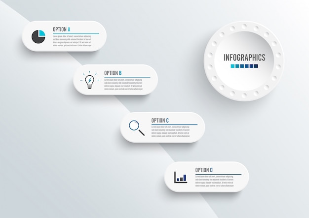 ラベル、統合円グラフインフォグラフィックテンプレートの抽象的な要素。 4つのオプションのビジネスコンセプト。