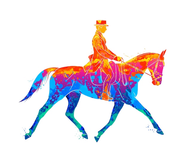 水彩画のスプラッシュから抽象的な馬術スポーツ。制服を着た馬の騎手。白い背景の上の馬術。塗料のイラスト