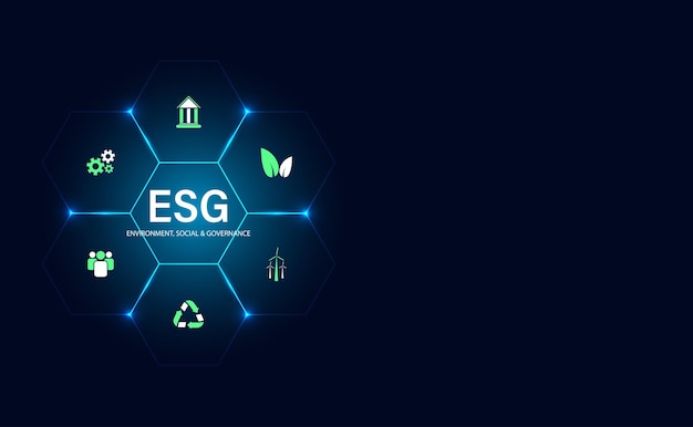 Абстрактный ESG с иконками и концепцией шестиугольника Устойчивое корпоративное развитие