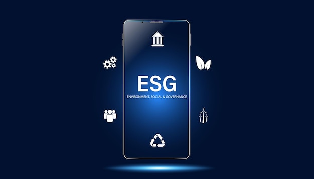 Esg astratto con il concetto di icona del telefono sviluppo aziendale sostenibile ambiente sociale e governance su uno sfondo blu moderno